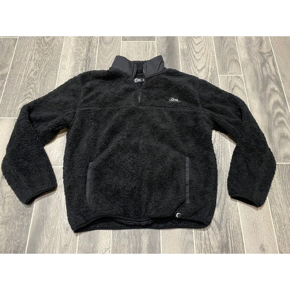 ZYIA Active Black Sherpa Teddy 1/4 Zip Pocket Jacket Pullover Sz M